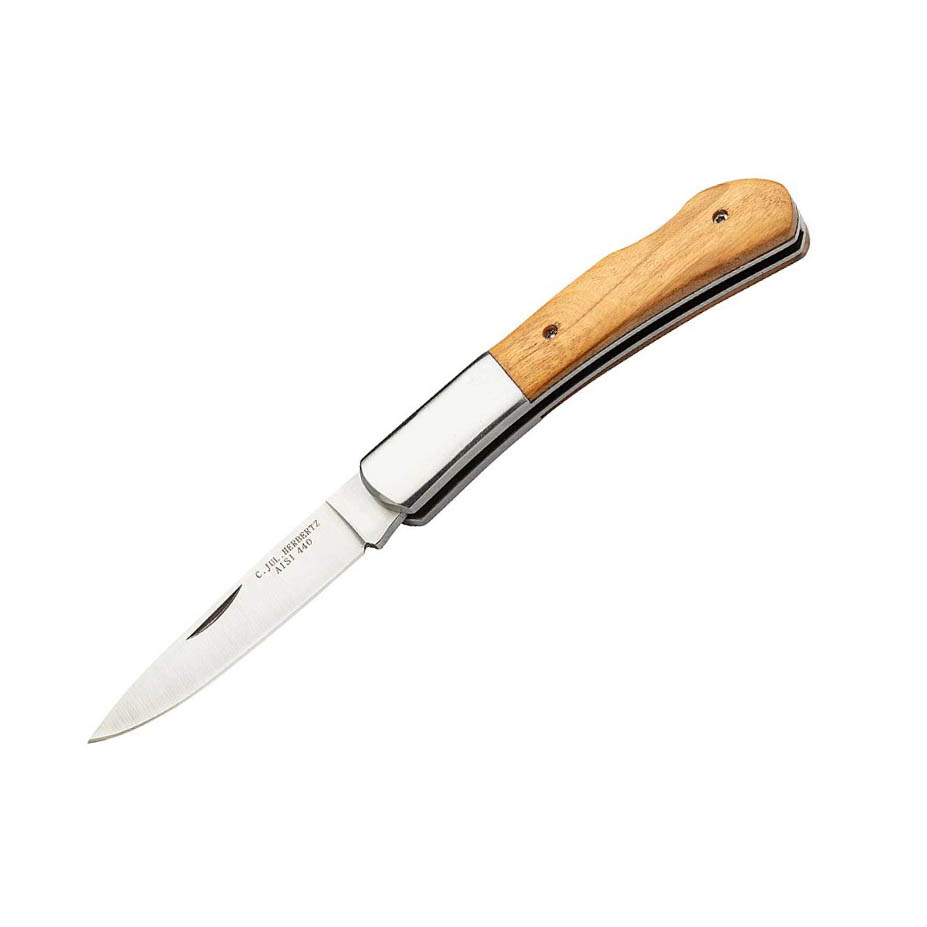 Navaja con mango de madera de olivo y hoja de 7.5 cm con backlock