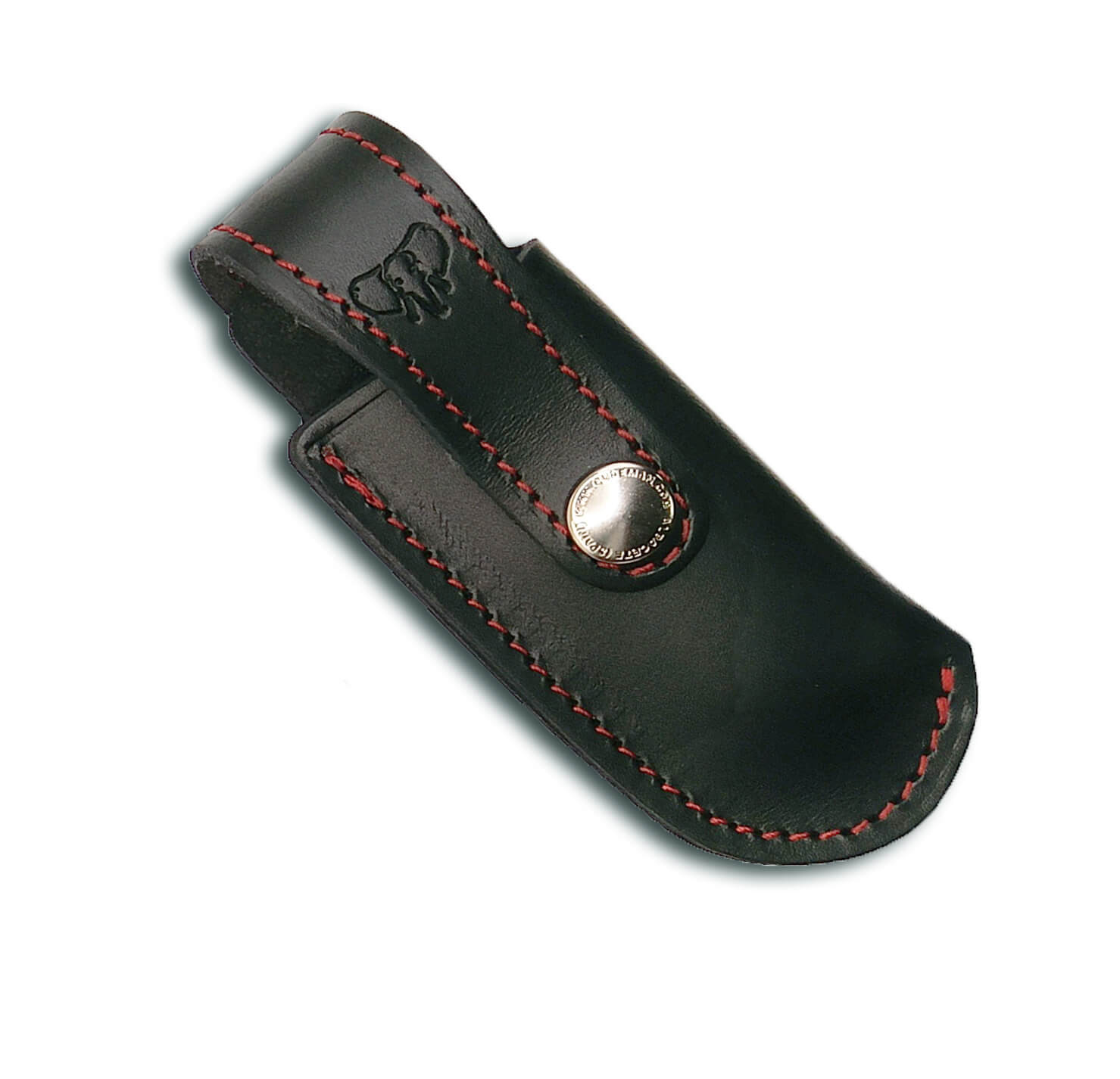 Navaja de bolsillo Cudeman Tundra con mango de juma roja pulida y funda de cuero negro