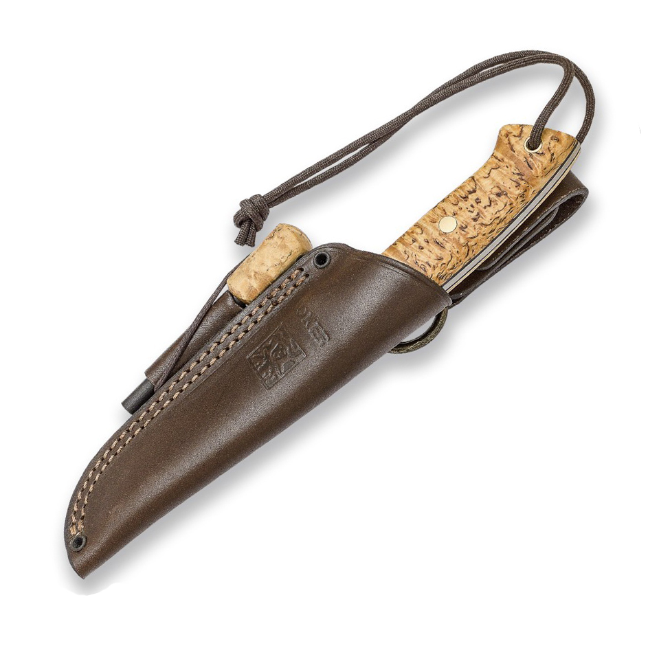 Joker Ranger Messer mit Griff aus gewelltem Birkenholz. Inklusive Scheide aus Rindsleder mit Feuerstein.