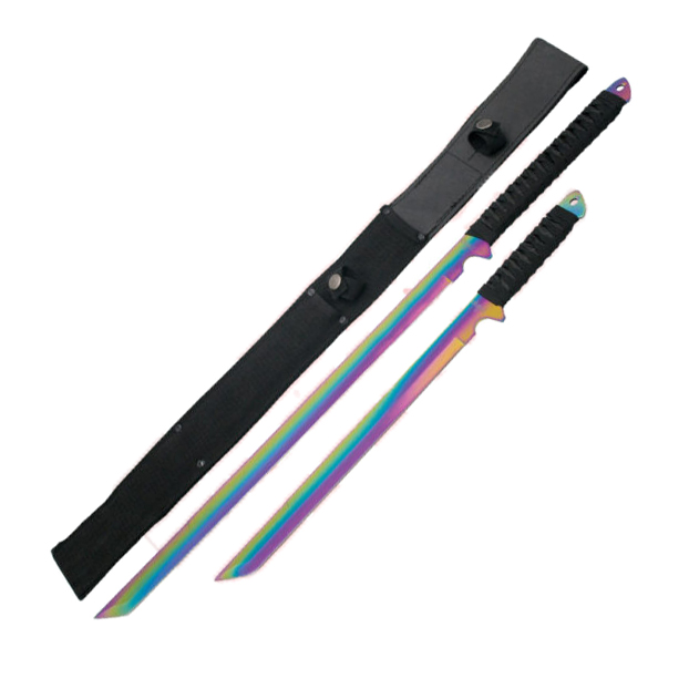 Set de dos machetes con acabado rainbow y mango encordado negro H0128C
