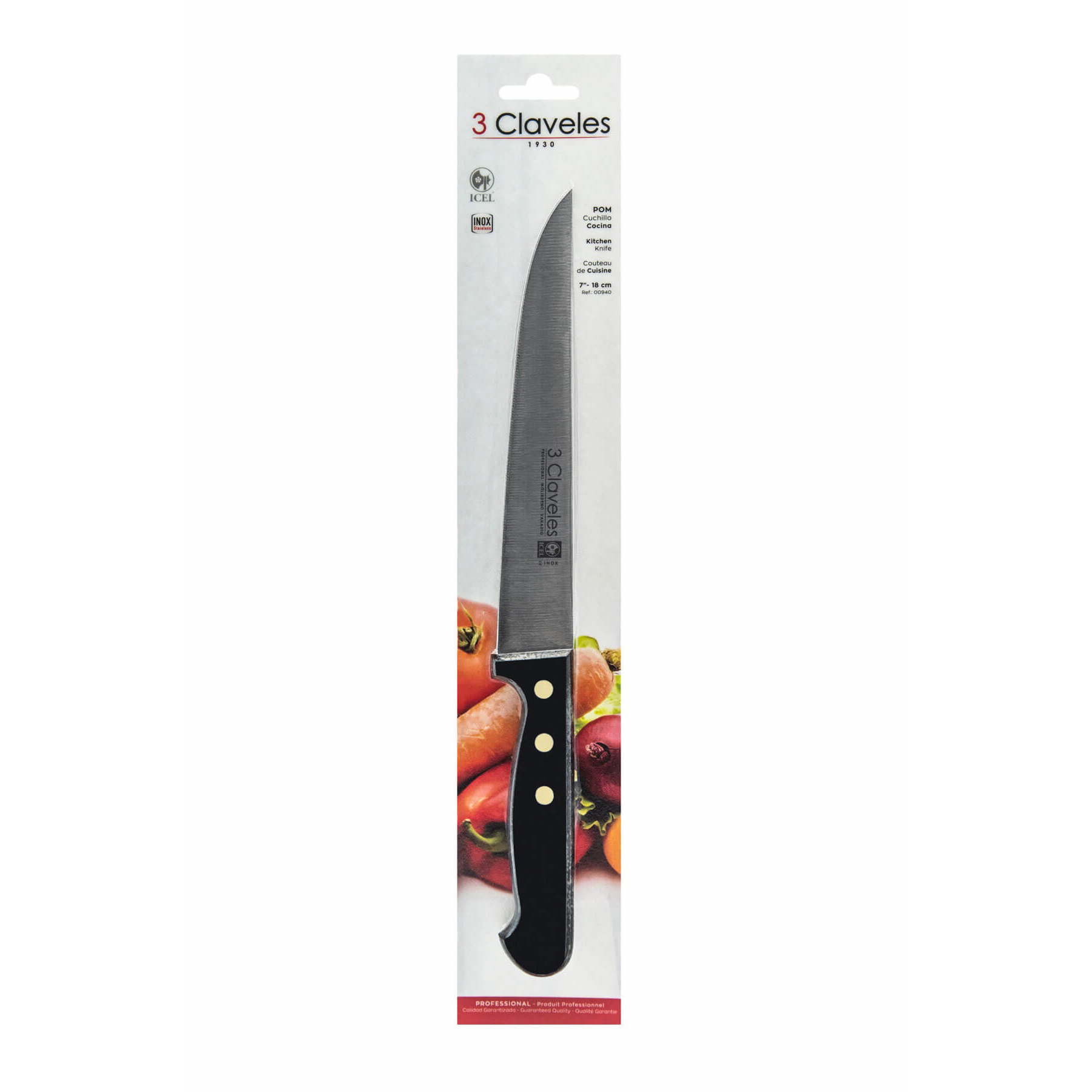 Cuchillo cocinero con hoja de 18 cm y mango pom 3 Claveles en caja