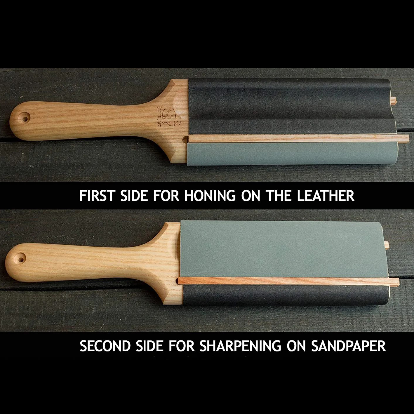 Pala de cuero de doble cara para cuchillos de gancho y gubias.