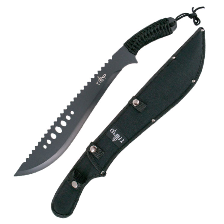 Machete cortacañas con puño encordado negro y hoja de acero 420