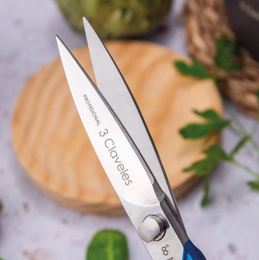 Tijeras de cocina Master azul de 8" en acero inoxidable con acabado brillo