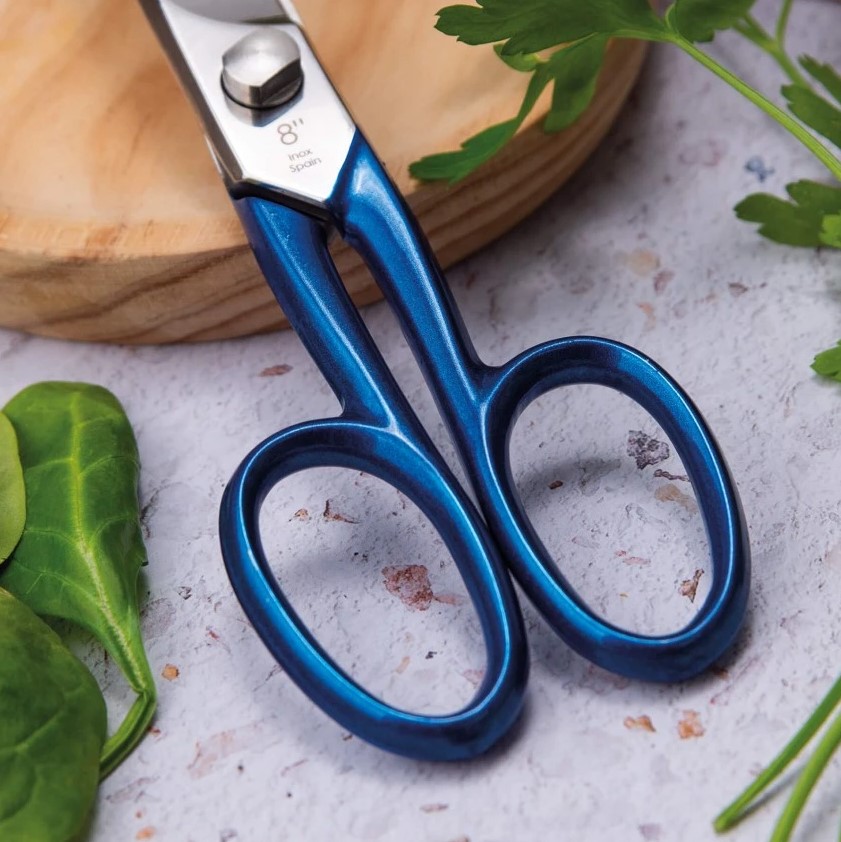 Tijeras de cocina Master azul de 8" en acero inoxidable con acabado brillo