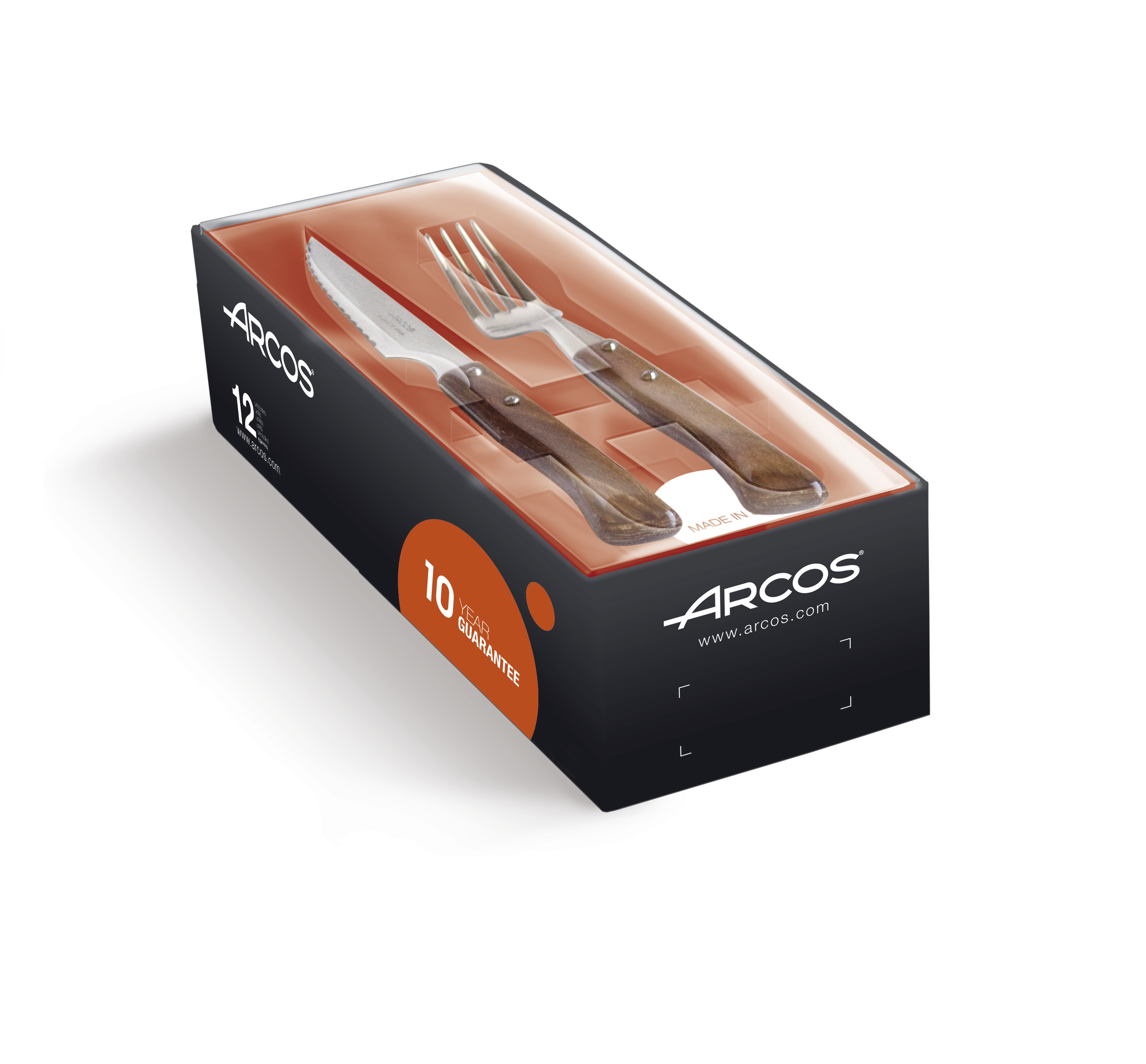 Set de 6 cuchillos chuleteros y 6 tenedores Arcos con mango de ma...