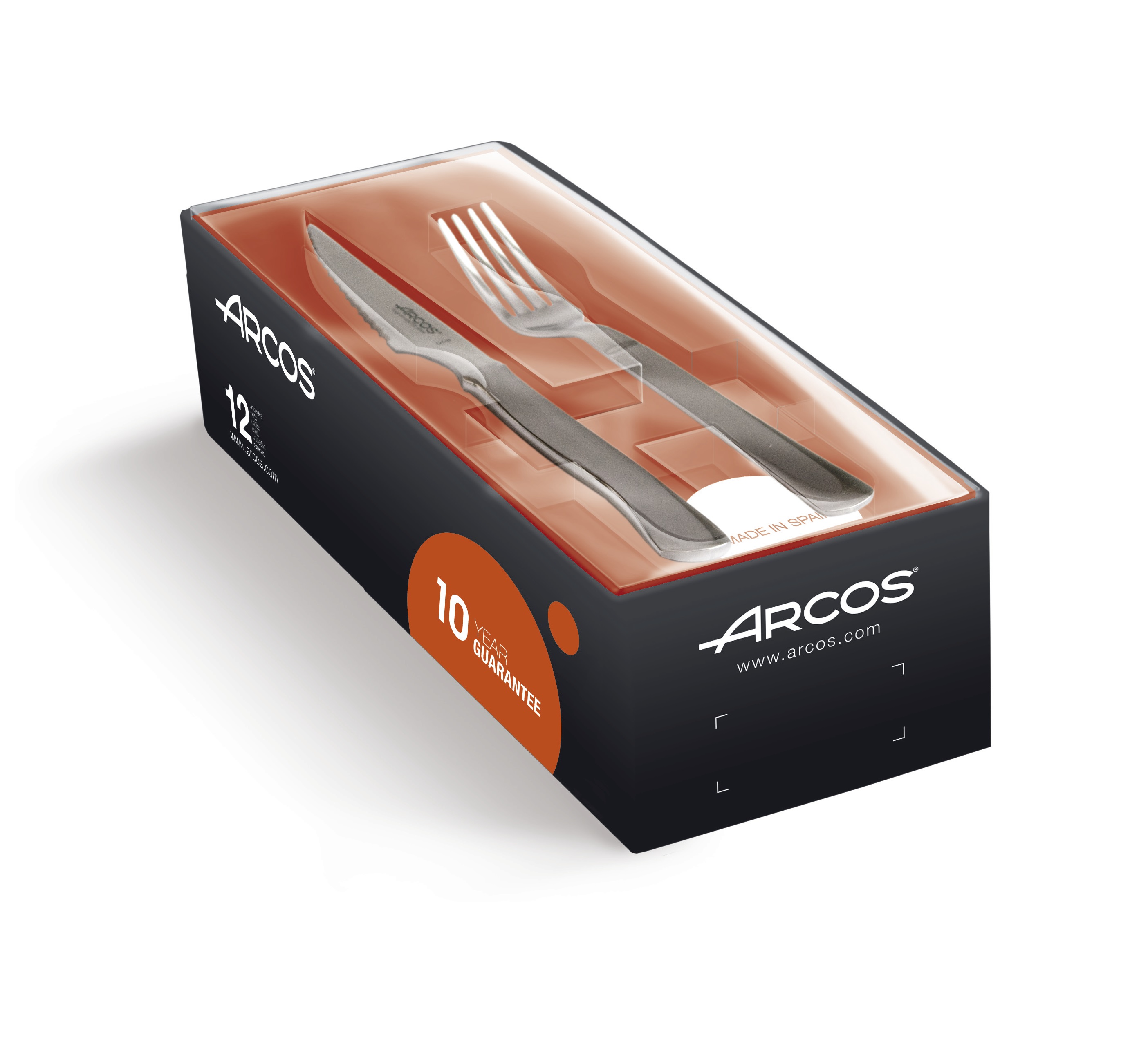 Set de 6 cuchillos chuleteros y 6 tenedores Arcos con mango de ac...