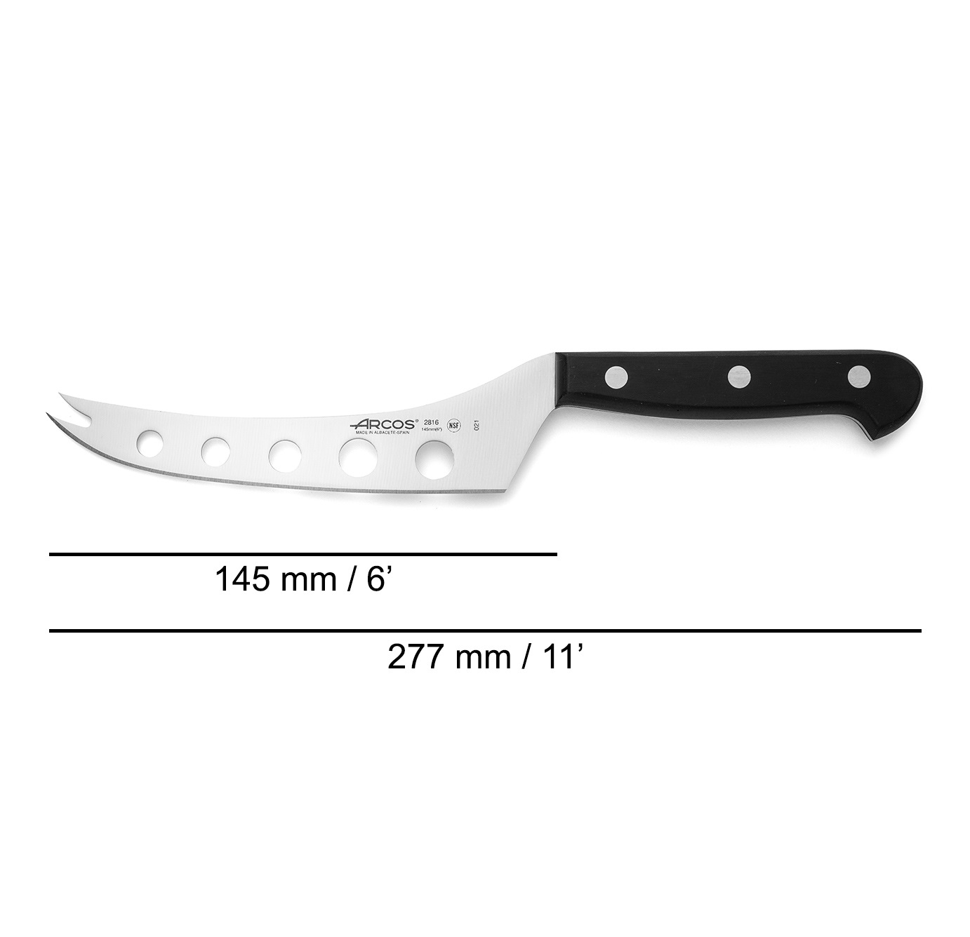 Cuchillo para queso Arcos Universal con mango de polioximetileno negro y hoja perforada de 145 mm