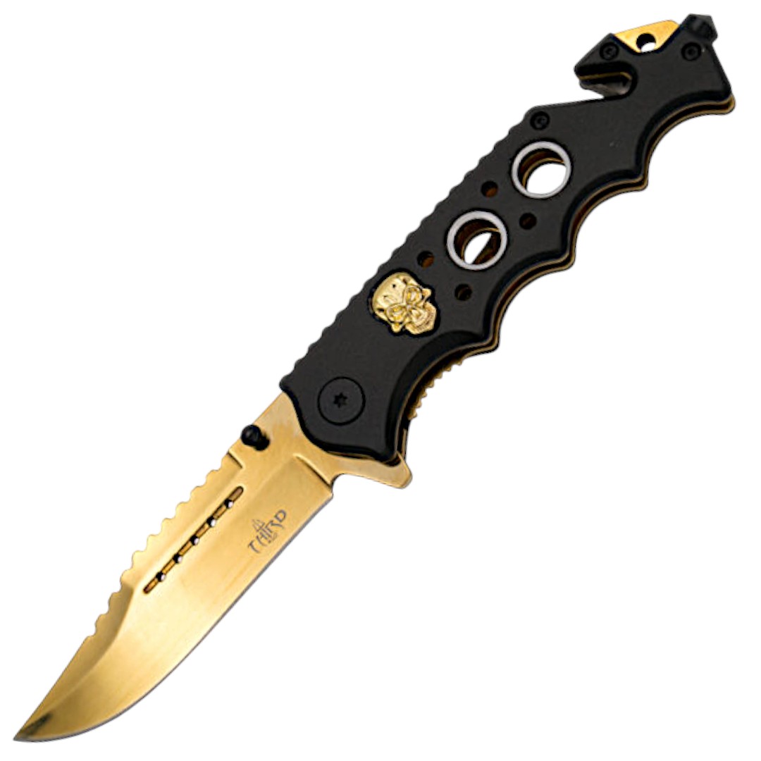 Navaja táctica con calaveras dorada 17141D
