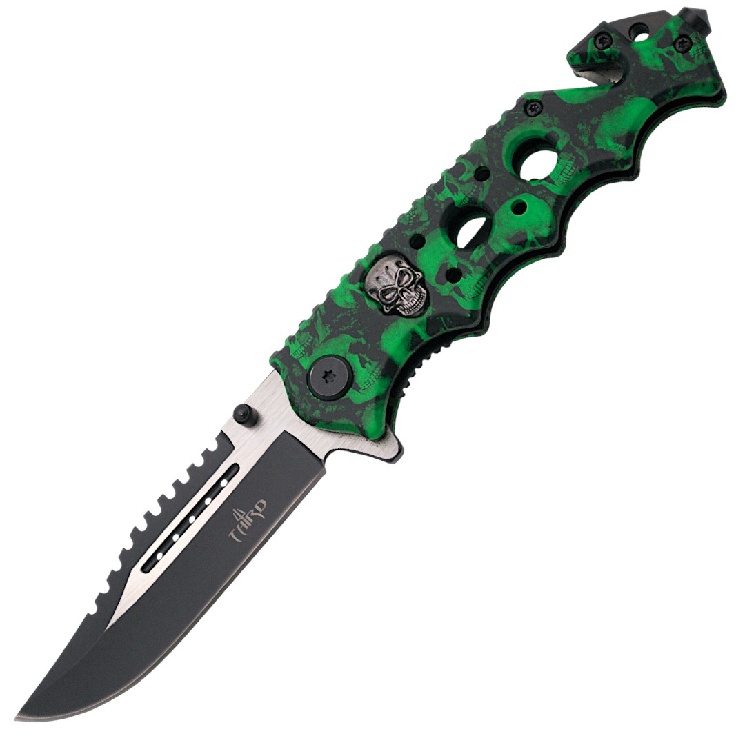 Navaja táctica con mango de calaveras verdes 17141V
