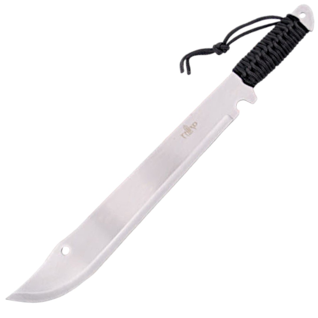 Machete com lâmina acetinada de 39 cm e cabo preto encordoado