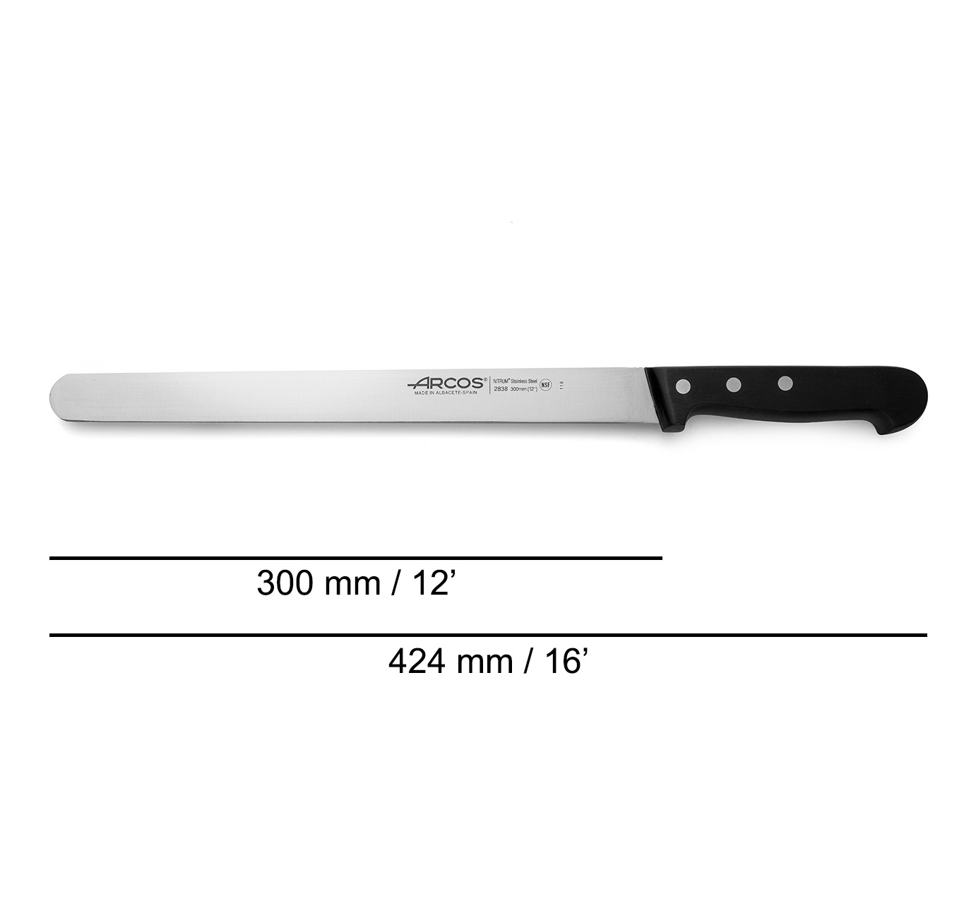 Cuchillo de fiambre con punta redonda Arcos de hoja ancha de 30 cm serie Universal con mango negro