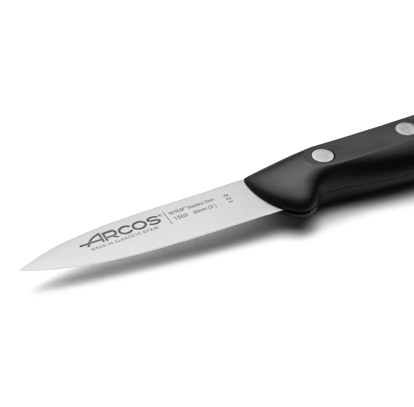 Cuchillo mondador Arcos Maitre con mango de polipropileno negro y hoja de 80 mm