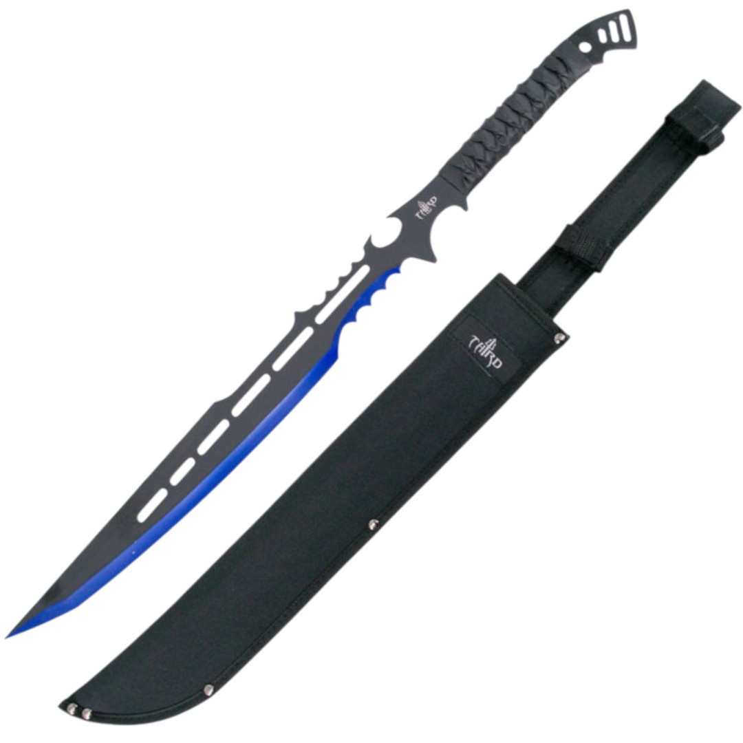 Machete negro y azul con mango trenzado negro