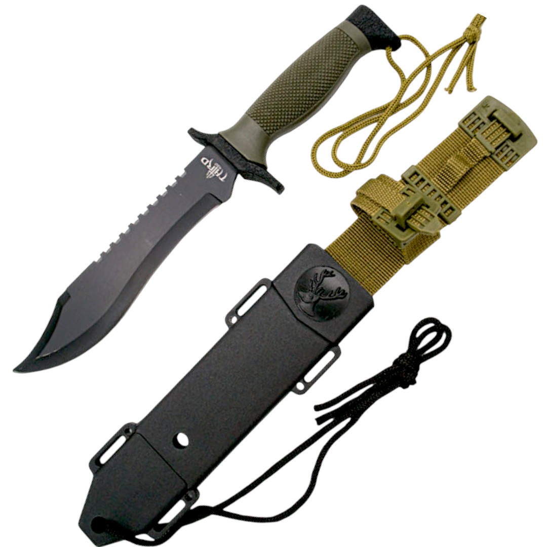 Cuchillo militar con hoja negra y mango de ABS verde