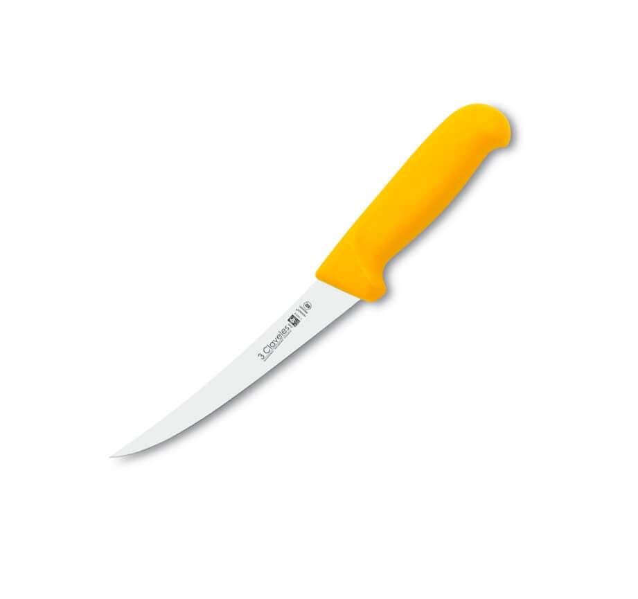 Cuchillo deshuesador curvo con mango amarillo y hoja semiflexible...