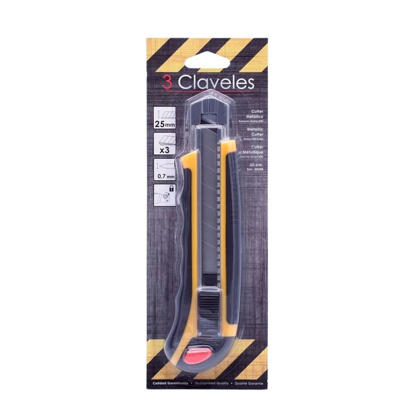 Cutter de 25 mm con mango de metal-nylon y ABS con cierre de seguridad 3 Claveles