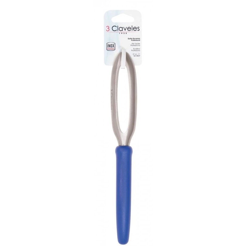 Quita escamas de pescado profesional de acero inox y mango azul 3 Claveles