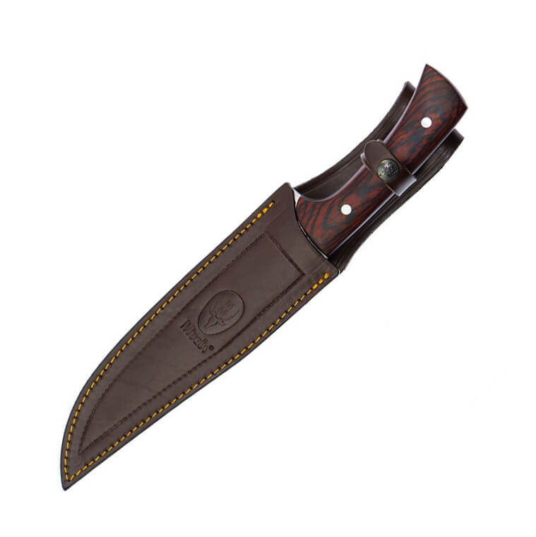 Cuchillo de caza Muela Jabalí con puño de madera prensada coral con longitud de hoja de 21 cm