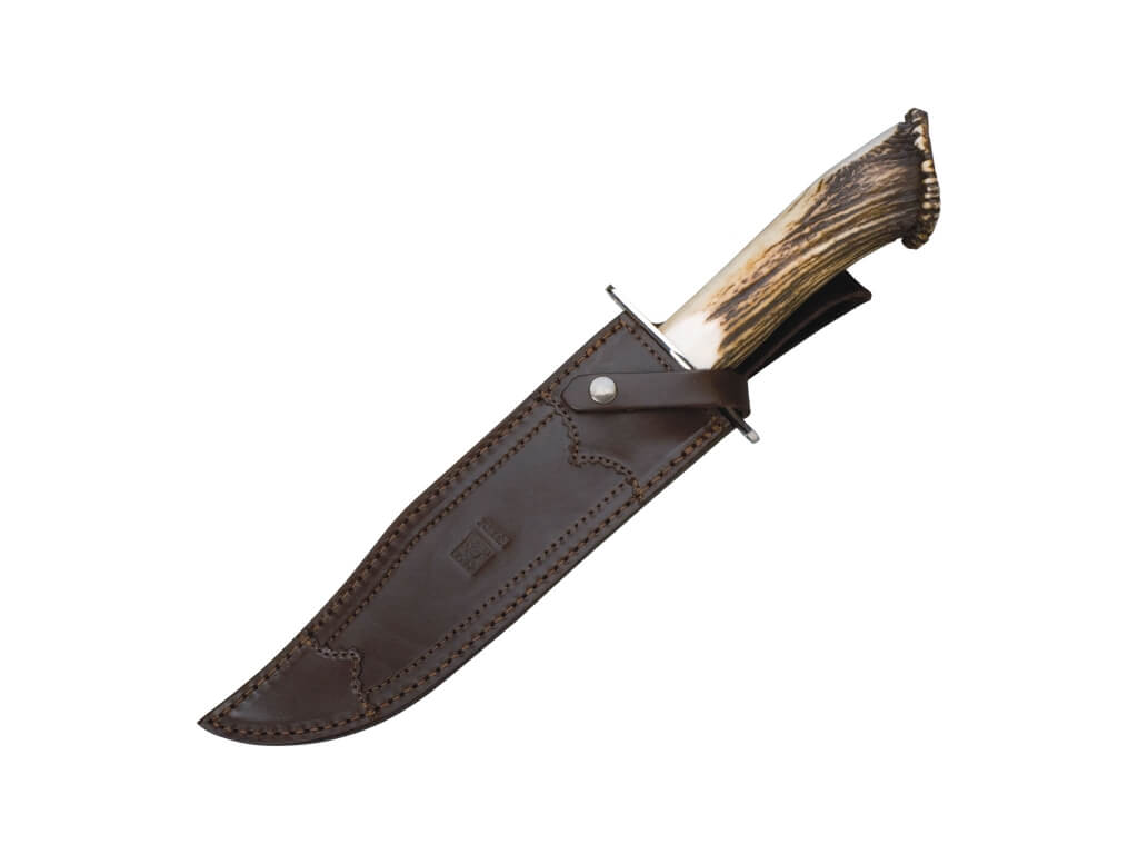 Joker hunting Bowie knife with carved deer antler handle