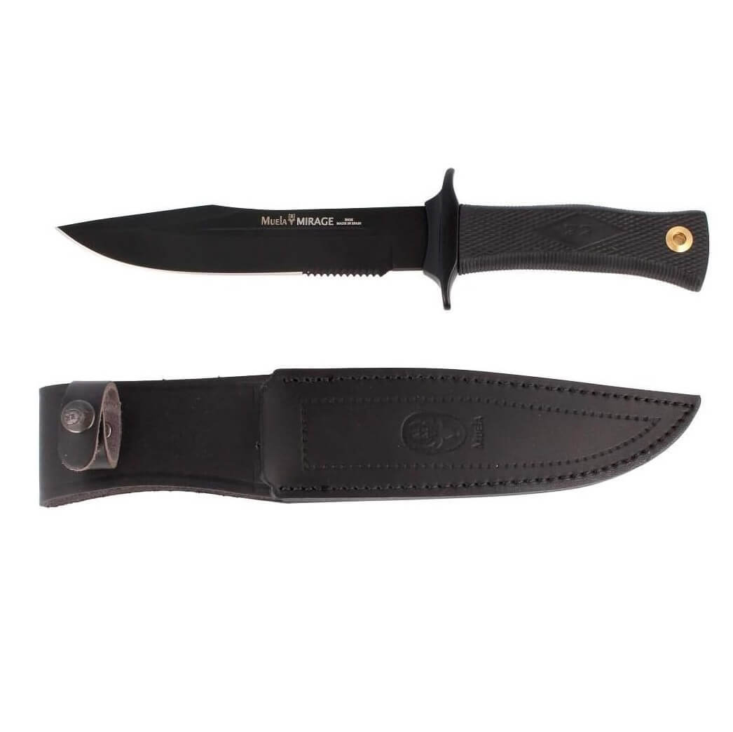 Cuchillo de caza Muela Mirage-18N con mango de goma negra y hoja negra de 18 cm