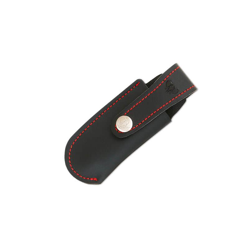 Funda de cuero negra Cudeman con cosido rojo para navajas. 11 cm