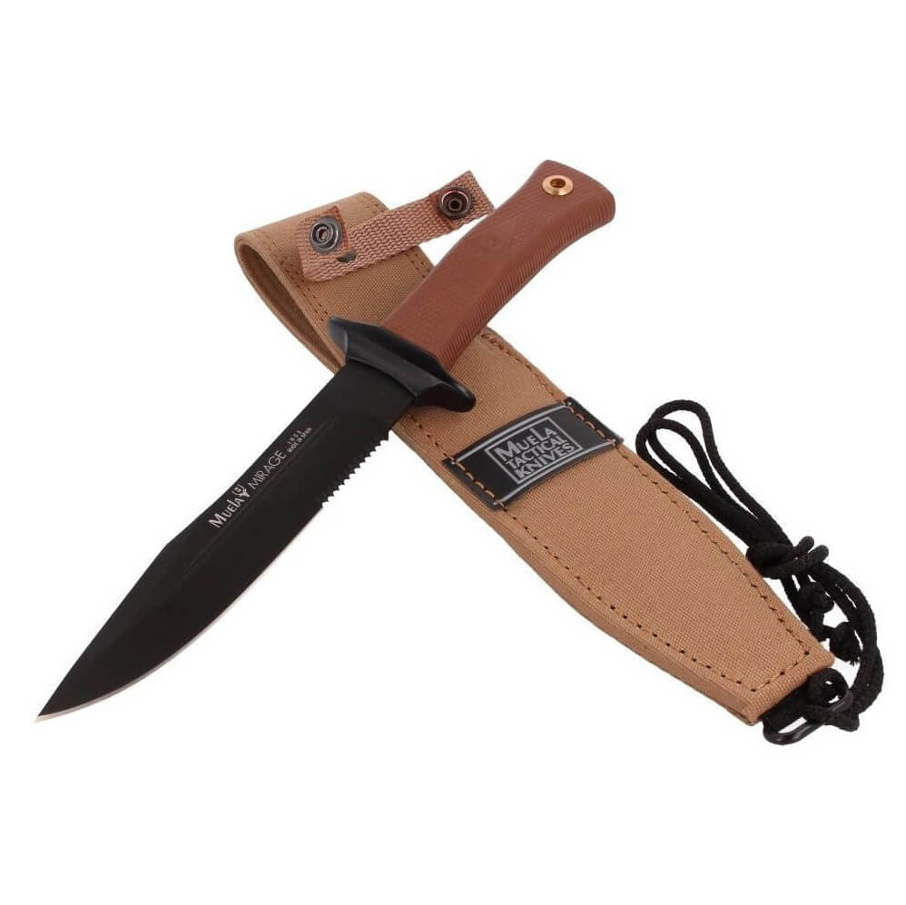 Couteau tactique Muela Mirage 18NM avec manche en caoutchouc marron et lame noire