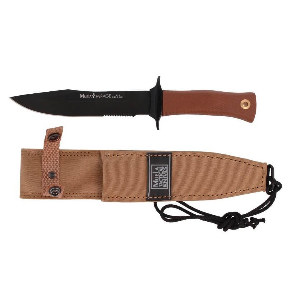 Couteau tactique Muela Mirage 18NM avec manche en caoutchouc marron et lame noire