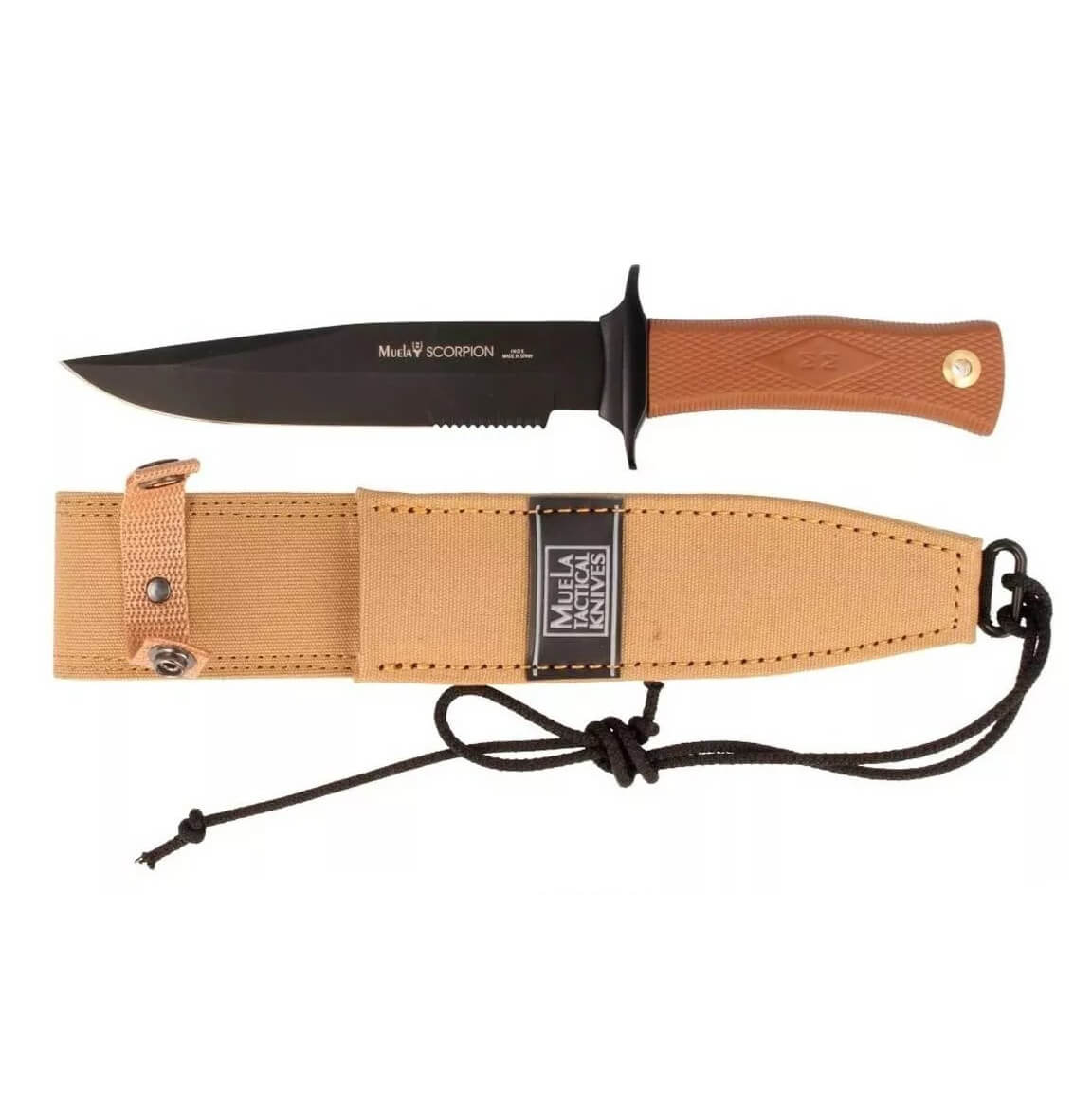 Couteau tactique Muela Scorpion 18NM avec manche en caoutchouc marron et lame noire