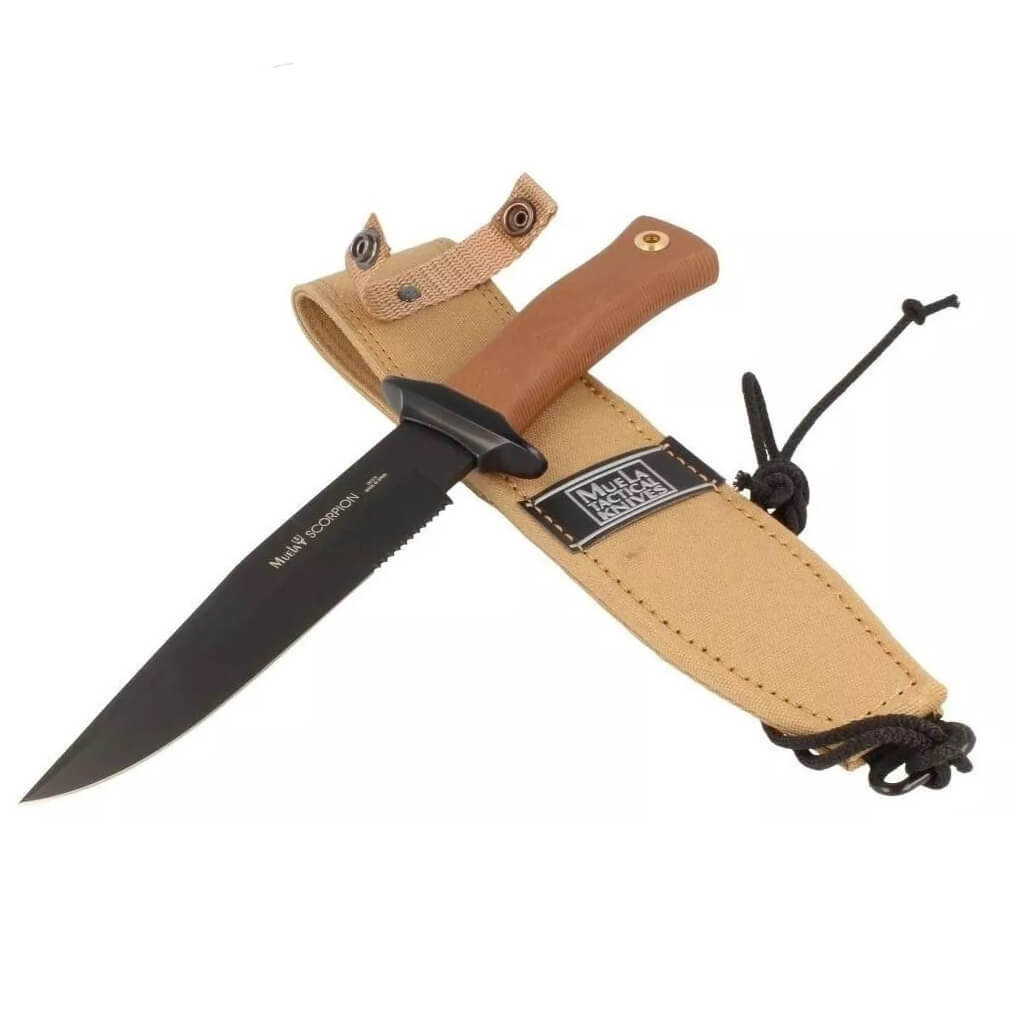 Couteau tactique Muela Scorpion 18NM avec manche en caoutchouc marron et lame noire