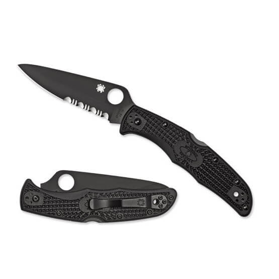 Navaja Spyderco Endura 4 con hoja negra de VG10 con filo mitad dentado y mango de FRN negro