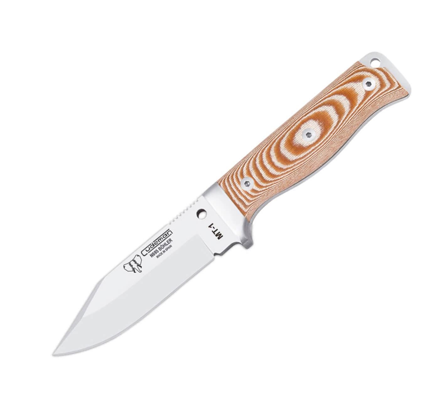 Couteau Cudeman MT1. Manche en micarta marron. Étui en cuir
