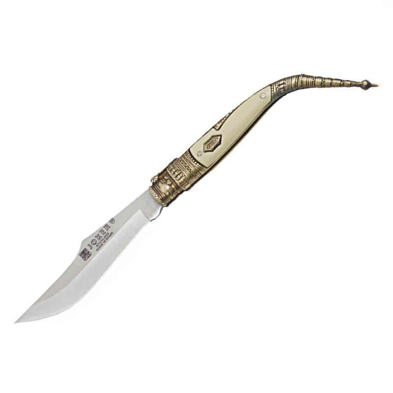 Navaja clásica bandolero con puño de zamak blanco y dorado decora...