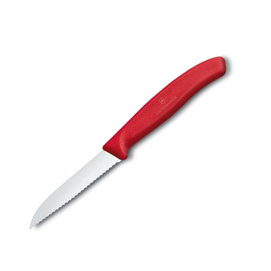 Victorinox Classic Gemüsemesser mit gezahnter Klinge und rotem Gr...