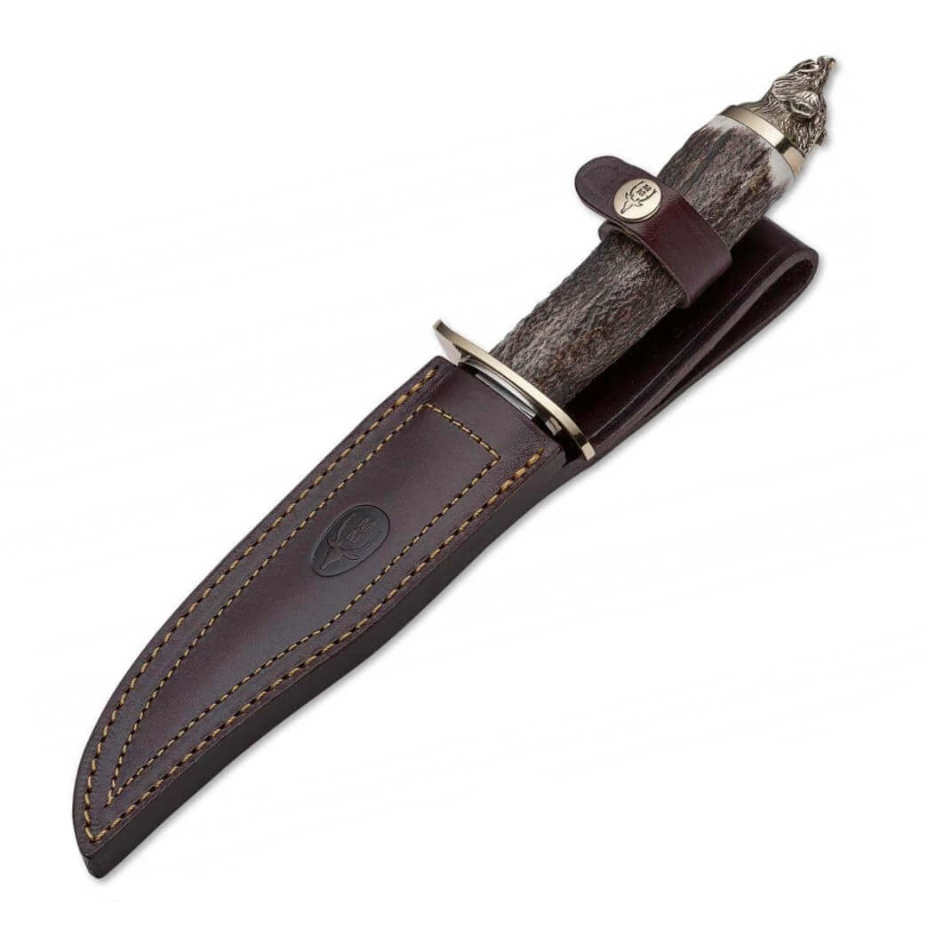 Cuchillo de caza Muela Wolf-16A con mango de asta de ciervocon cabeza de lobo decorativa