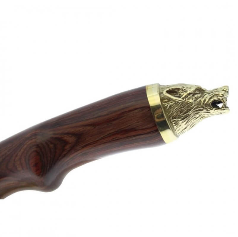 Couteau de chasse Muela Wolf-16R avec manche en bois pressé corail avec tête de loup décorative