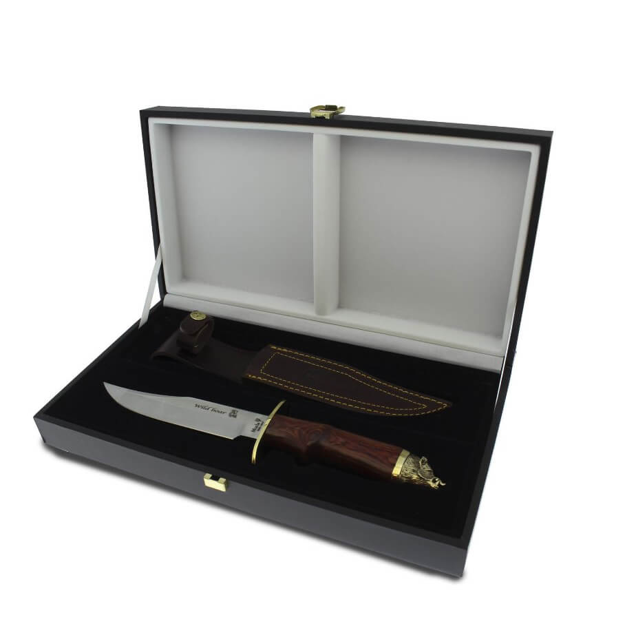 Cuchillo de caza Muela Wilboard-16R con mango de madera prensada coral con cabeza de jabalí decorativa