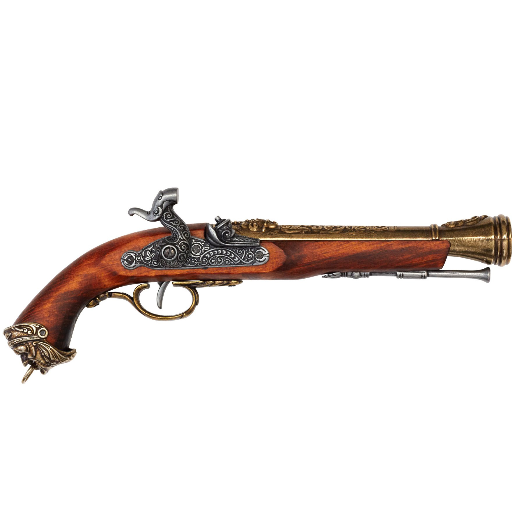Pistolet à percussion pirate en bois et métal, finition laiton, I...