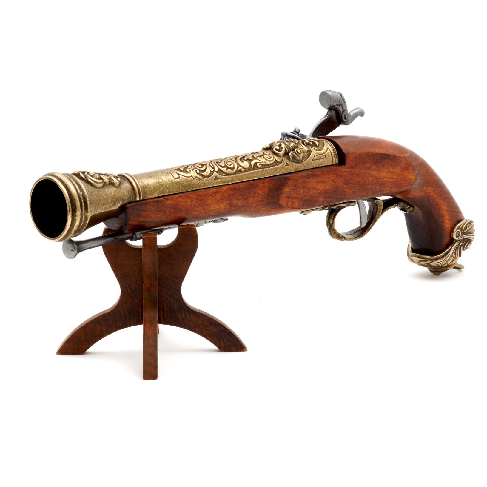 Pistolet à percussion pirate en bois et métal, finition laiton, Italie, XVIIIe siècle