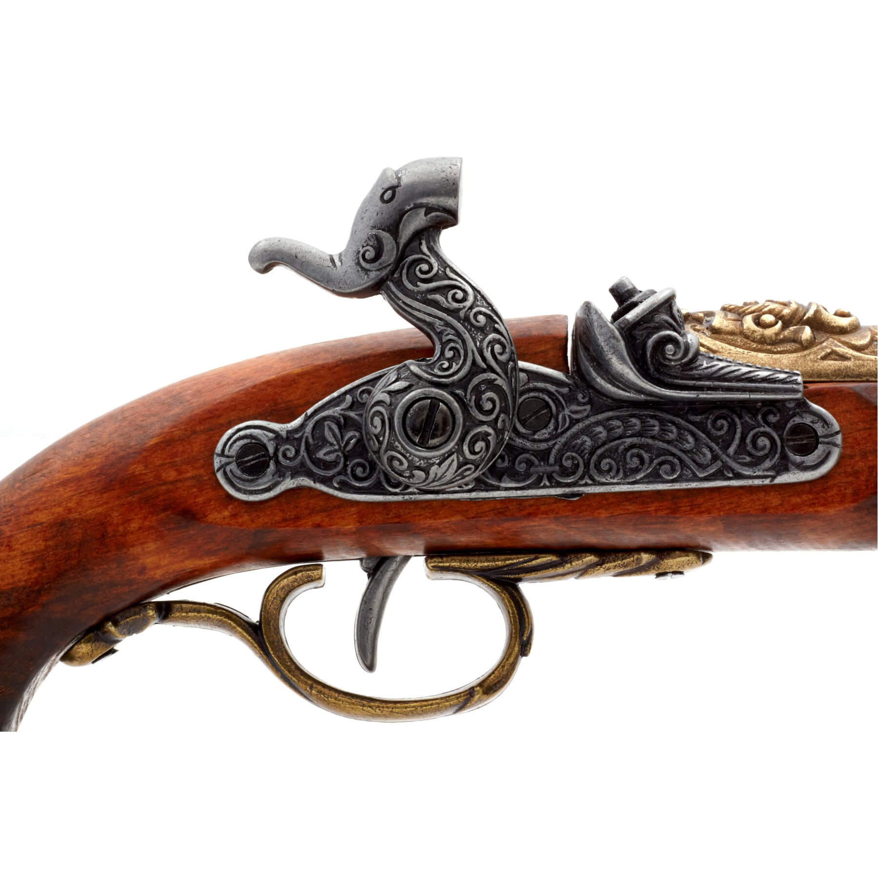 Pistolet à percussion pirate en bois et métal, finition laiton, Italie, XVIIIe siècle