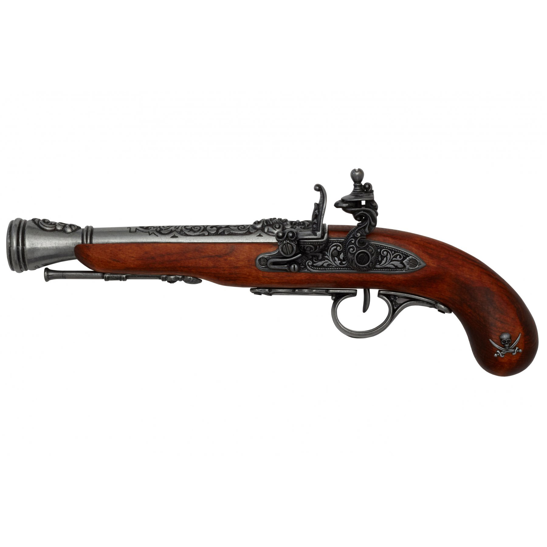 Pistolet pirate à silex en bois et métal gaucher XVIIIe siècle