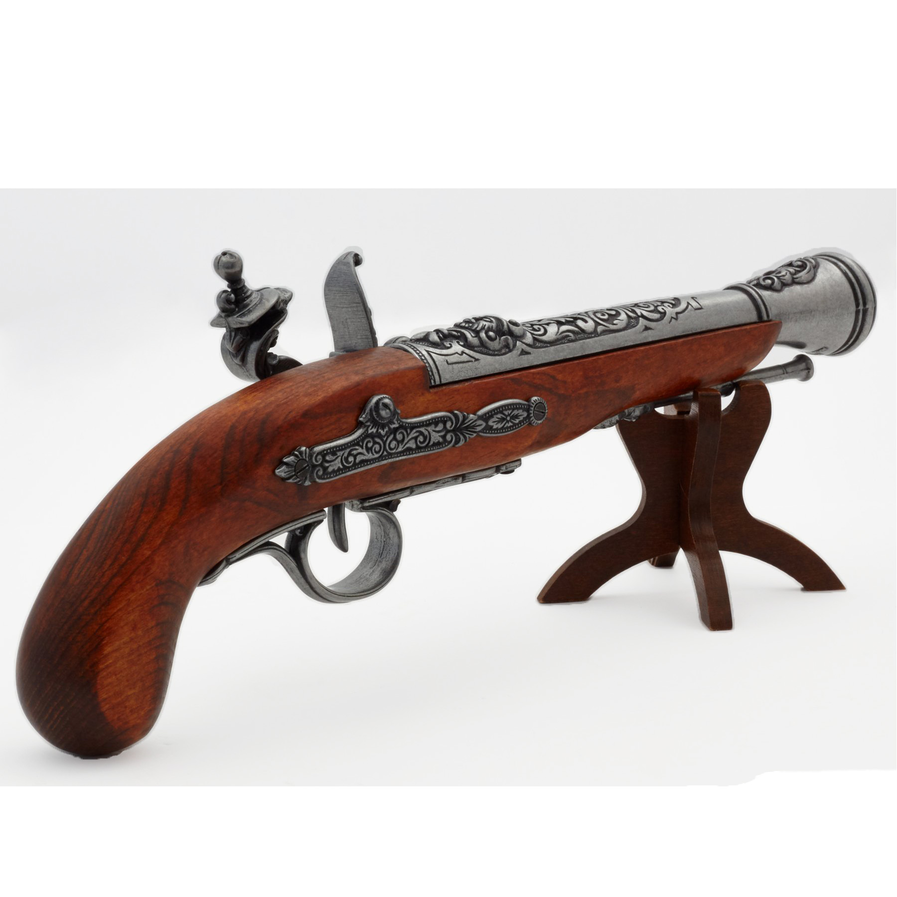Pistolet pirate à silex en bois et métal gaucher XVIIIe siècle