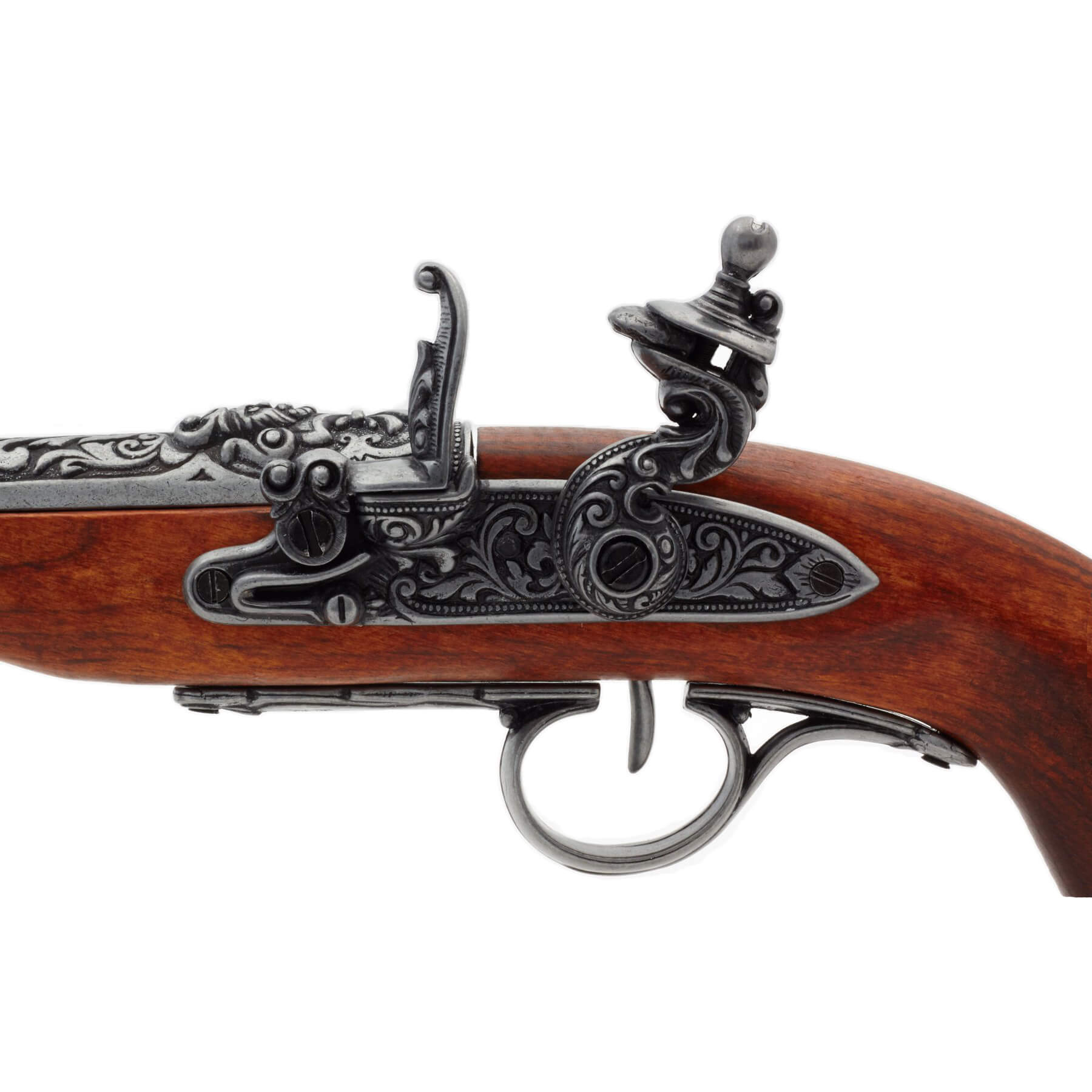 Pistolet pirate à silex en bois et métal gaucher XVIIIe siècle