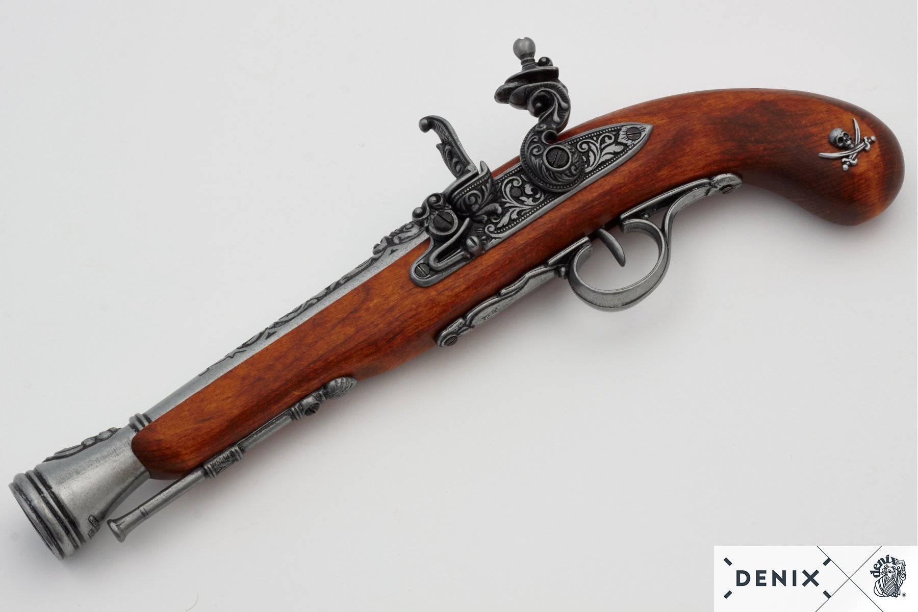 Pistolet pirate à silex en bois et métal gaucher XVIIIe siècle