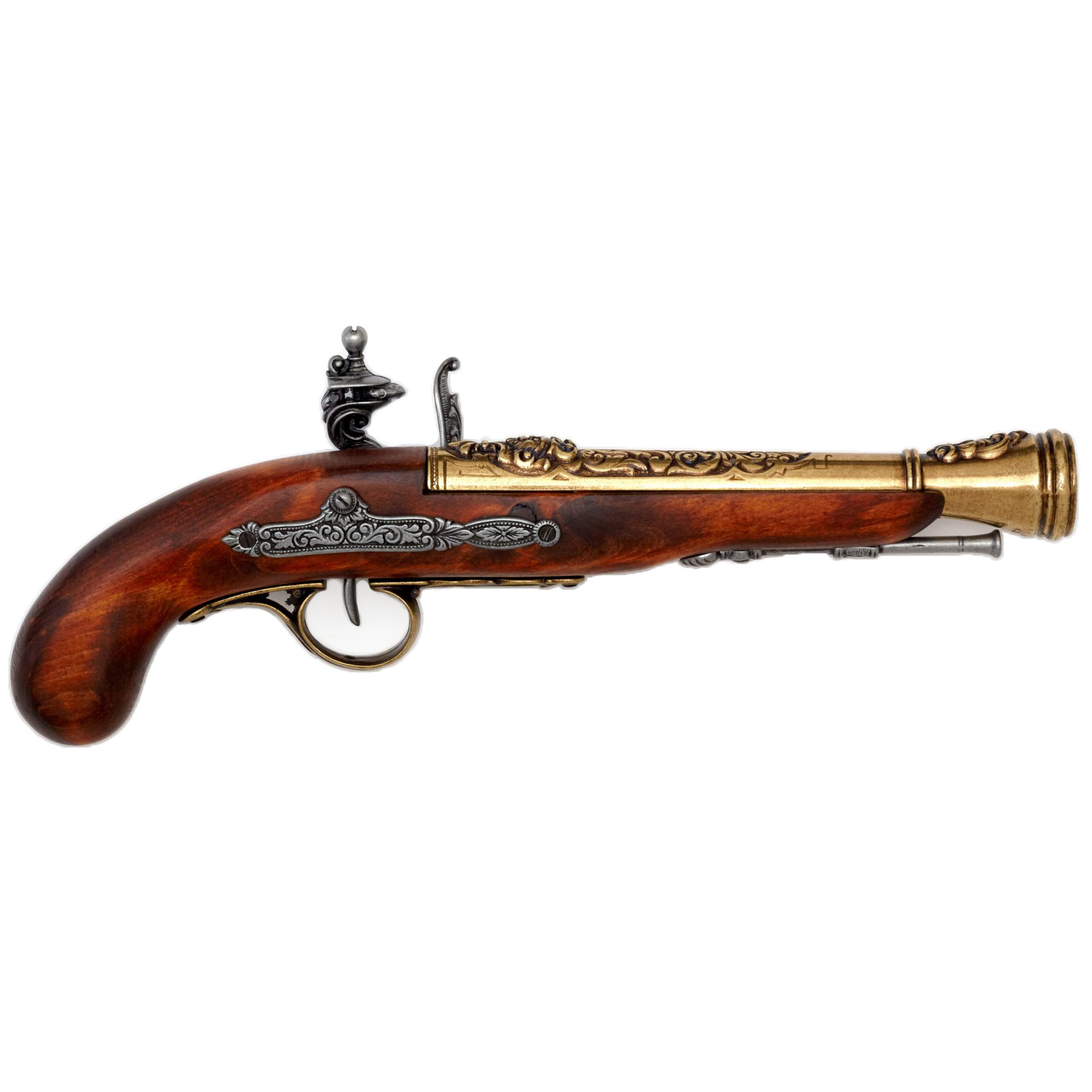 Pistolet pirate à silex pour gaucher en bois et métal finition laiton, XVIIIe siècle