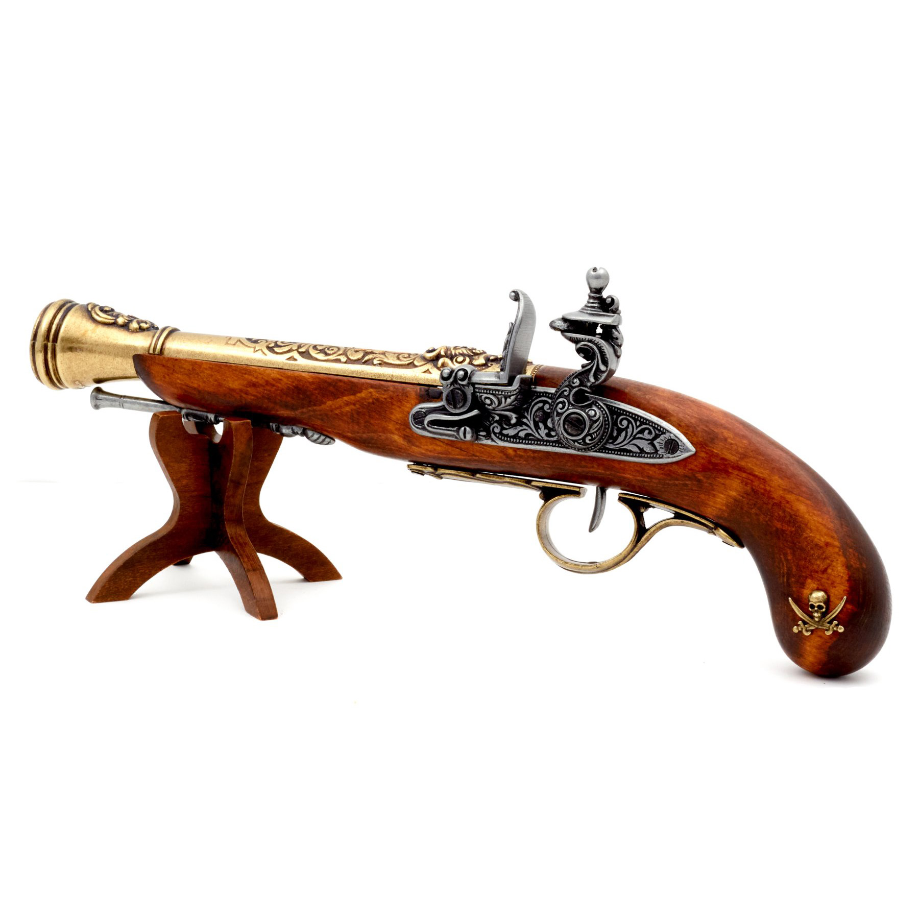 Pistolet pirate à silex pour gaucher en bois et métal finition laiton, XVIIIe siècle