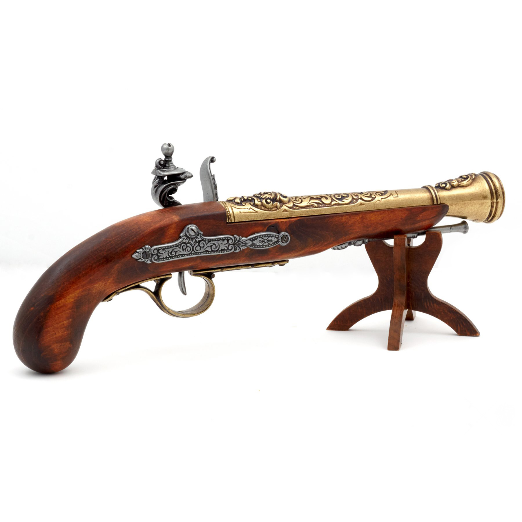 Pistolet pirate à silex pour gaucher en bois et métal finition laiton, XVIIIe siècle