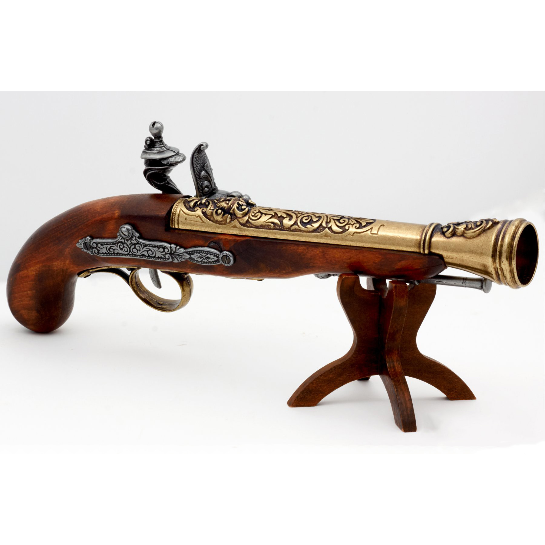 Pistolet pirate à silex pour gaucher en bois et métal finition laiton, XVIIIe siècle