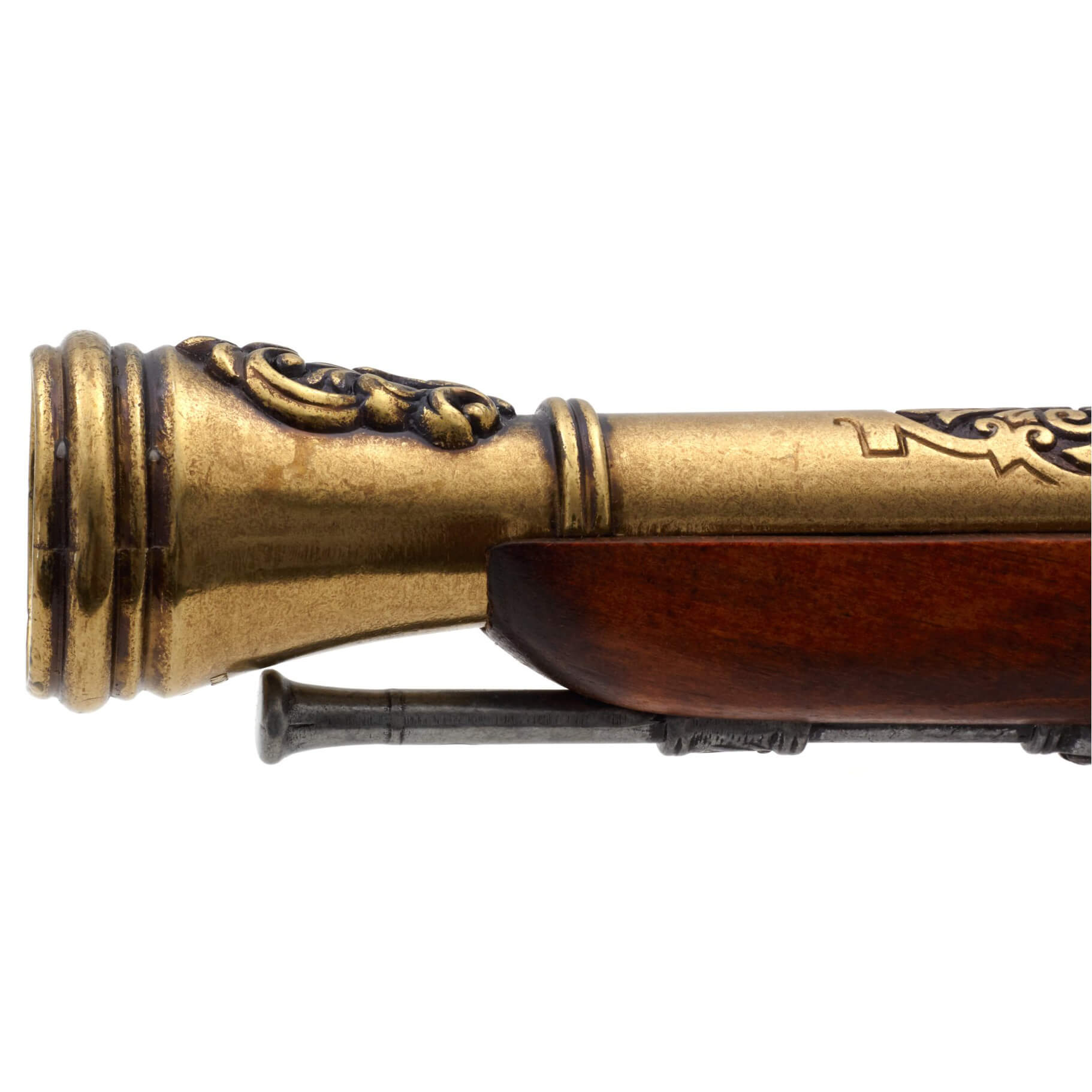 Pistolet pirate à silex pour gaucher en bois et métal finition laiton, XVIIIe siècle