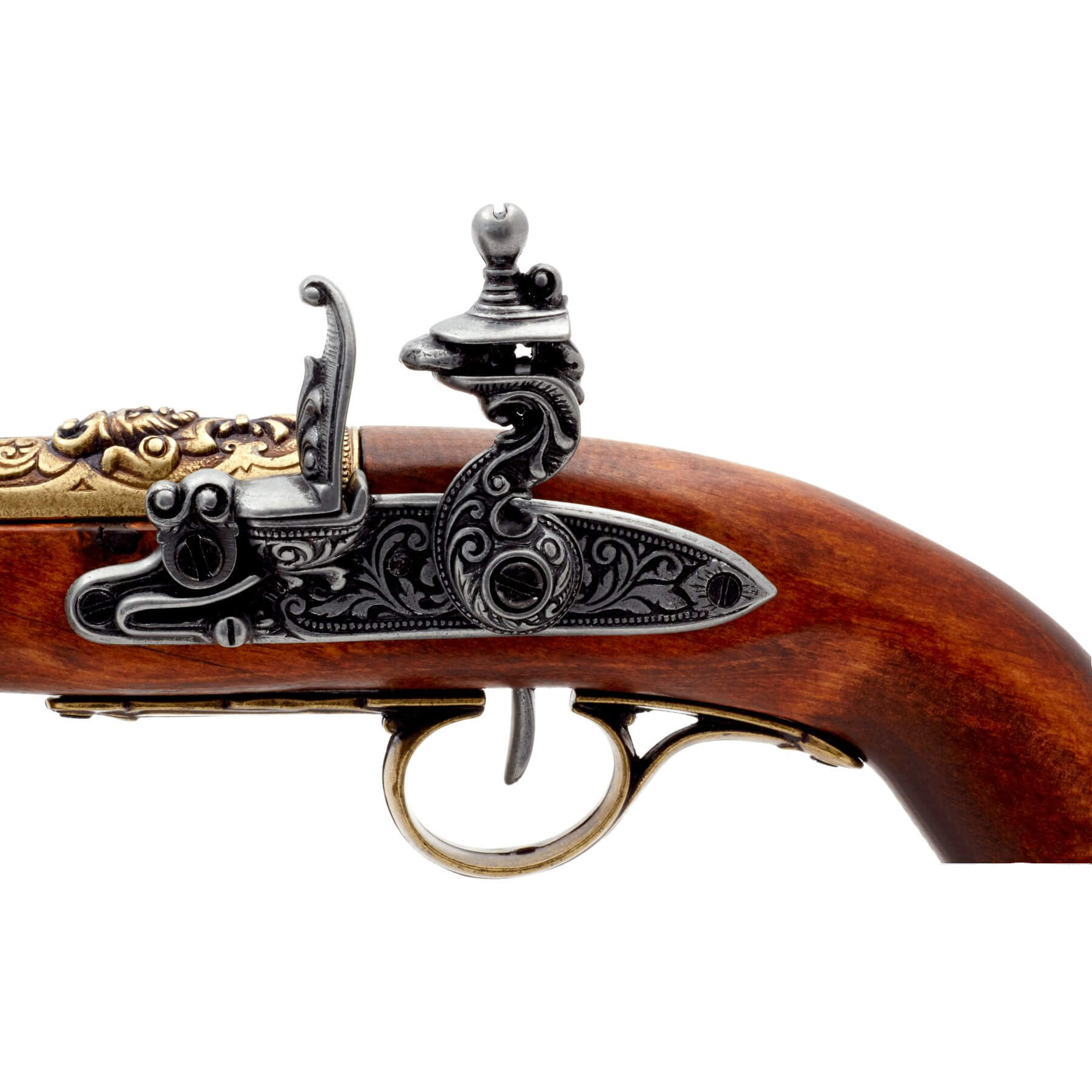 Pistolet pirate à silex pour gaucher en bois et métal finition laiton, XVIIIe siècle